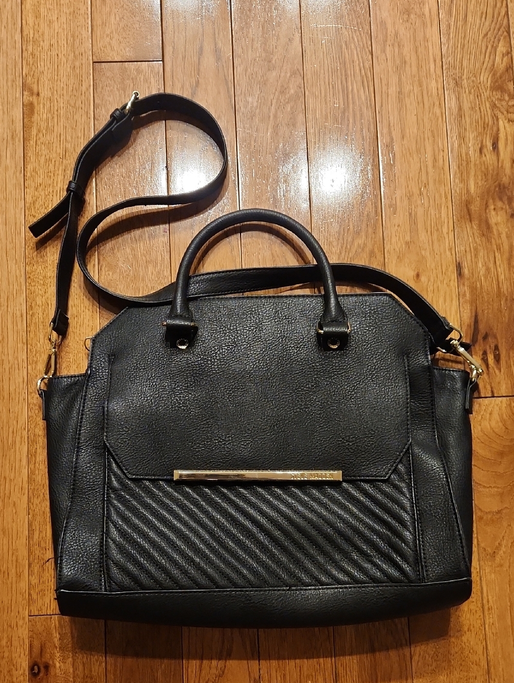Steve Madden Black Satchel with Gold Accent Bar P-004